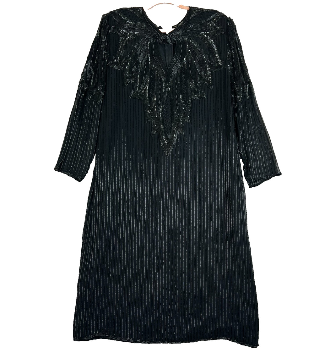 Right Choice Vintage 80's Black Beaded Pure Silk Long Sleeve Dress Sz 1X
